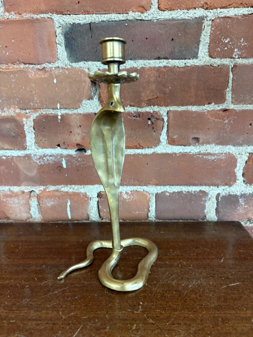 Vintage Moroccan Brass Cobra Candlestick with Emerald Glass Eyes